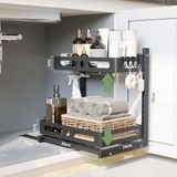 Famanu - Keuken Onder Gootsteen Organizer, 2-laags Keukenkast Organizer, Keukenplank, Onder Wastafel Rek, Schuifplank Organisator voor Keuken-/Badkamer Opslag, Hoogte Verstelbaar, Zwart