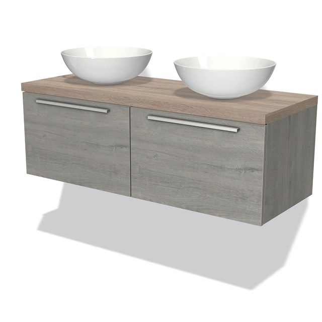 Maxaro Badkamermeubel voor Waskom 120cm Modulo Plato Grijs Eiken 2 Lades Vlak Eiken Blad