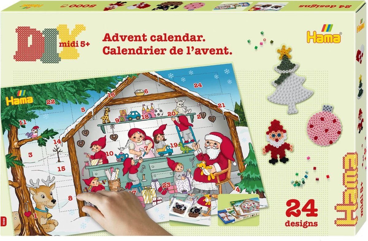 Hama Parels 3046 strijkkralen adventskalender, cadeauverpakking met ca. 5.000 midi-kralen, 5 kleine stiftplaten om in elkaar te steken, motiefsjabloon, strijkpapier, voor kinderen vanaf 5 jaar