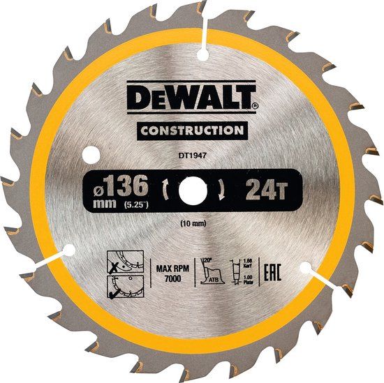 DeWALT Cirkelzaagblad voor Hout | Construction | Ø 136mm Asgat 10mm 24T - DT1947-QZ
