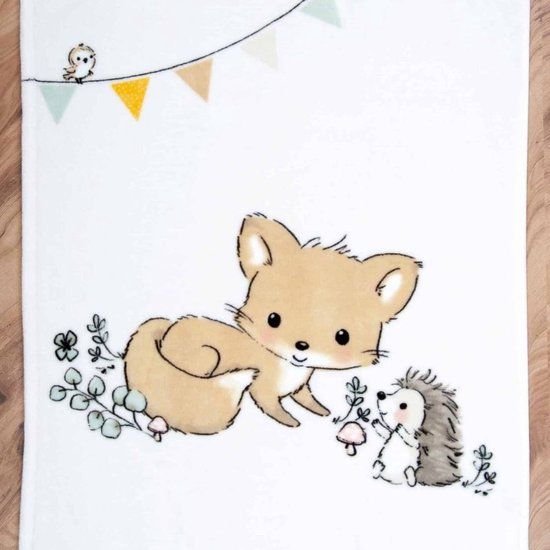 Babybest® Fleece Knuffeldeken - Forest Friends - Vos & Egel - 75x100 cm - Wit