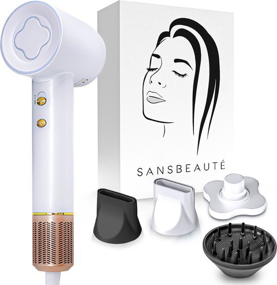 Sansbeauté® Föhn met Diffuser – Krullen – 110.000RPM - Ionische Haardroger met Borstel - 3 Standen - 3 Opzetstukken – Reisföhn - Coolshot – Haarföhn met Diffuser – Hair Dryer - 2000W - EssentiaPRO®