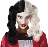 Atosa Halloween verkleedpruik lang haar met staartjes - zwart/wit - dames