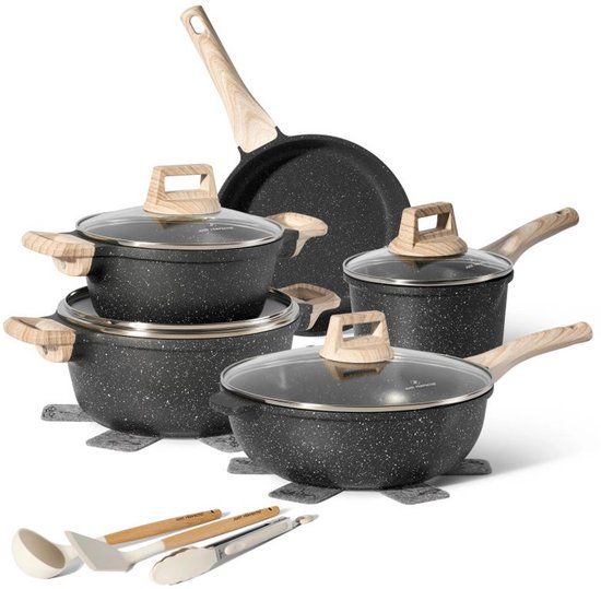 JUST PERFECTO HOUSEHOLD APPLIANCES 14 Delige Pannenset Inductie - Zwarte Pannenset Met Deksel Voor Gas en Inductie - PFAS vrij - Koudgrepen