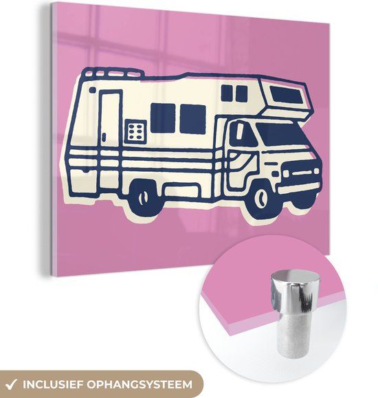 MuchoWow® Glasschilderij 120x90 cm - Acrylglas Schilderij - Camper op Roze Achtergrond - Foto op Glas