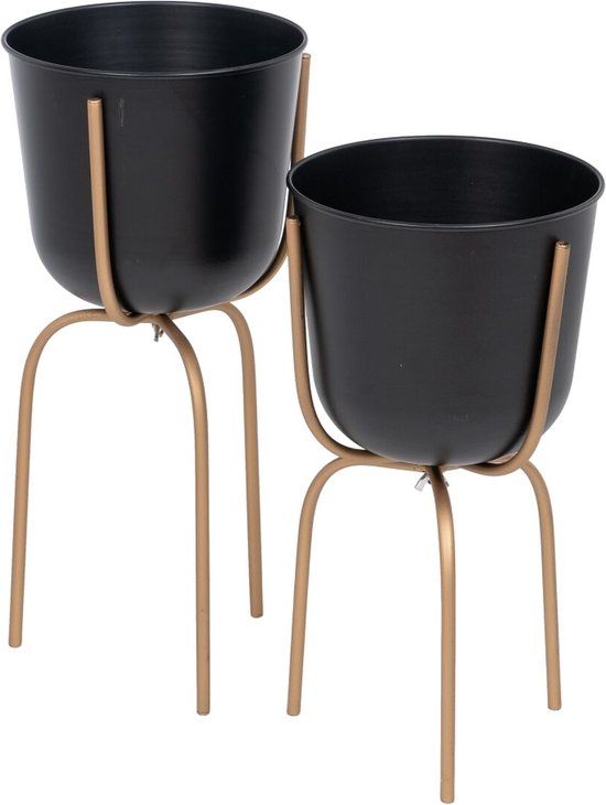 BIGBUY Garden Plantenbakken set - 23 x 23 x 48 cm - Zwart Gouden Metaal (2 Stuks)