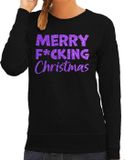Bellatio Decorations Foute Kersttrui/Sweater Dames - F*cking - Zwart - Glitter Paars - Kerstman L