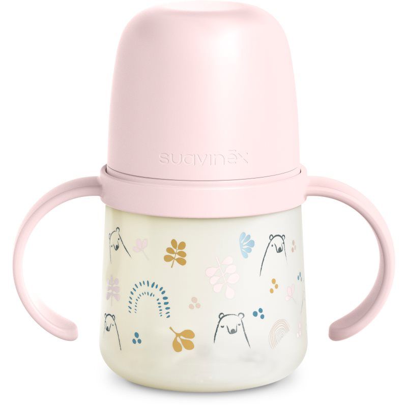 Suavinex My Family Babyfles met handgrepen en schenktuit van siliconen, anti-koliek, beschermdop, lekvrije beker, 150 ml, voor baby's vanaf 6 maanden, vaatwasmachinebestendig, My Family Rose