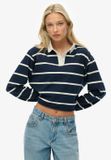 Superdry Athletic Essentials Gestreept Rugby Shirt Dames Lange Mouwen Katoen Diep marineblauw/Ecru streep Maat 16