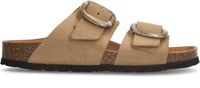 Manfield Dames Beige suède slippers met gesp - Maat 40