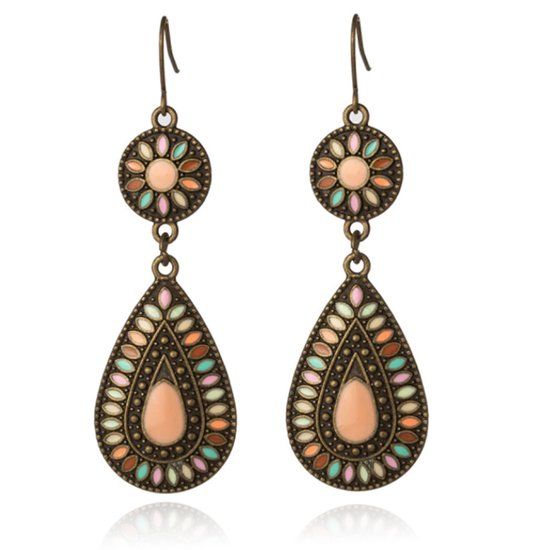 Deja Jewels Lookinggoodtoday Druppelvorm Bohemian oorbellen hangers multicolor roze steen