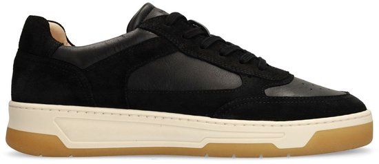 Manfield - Heren - Zwarte leren sneakers met suède details - Maat 45