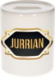 Bellatio Decorations Spaarpot met voornaam Jurrian - wit - met goud/zwart embleem - 8 x 9 cm - keramiek - met afsluitdop - cadeau verjaardag