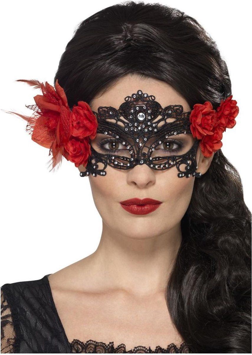 Smiffys Halloween! Dag van de Dode Oogmasker, kant, zwart, met rozen en veren