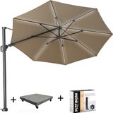 Platinum Challenger T2 glow zweefparasol 350 cm rond taupe met 90KG voet en hoes