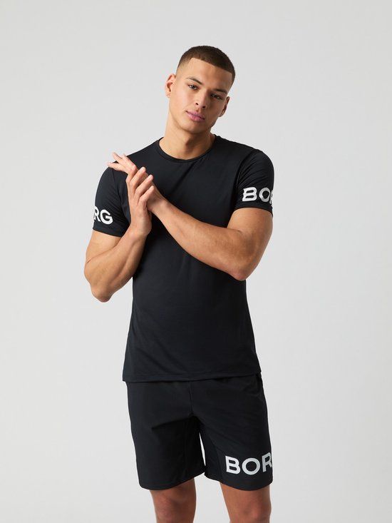 Björn Borg Sportshirt Heren Korte Mouw - Zwart/Wit - Gerecycled Polyester - Maat XL