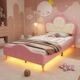 Ropilly Gestoffeerd bed 90x200 cm, roze en wit, Polyurethanleer, LED-verlichting