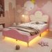 Ropilly Gestoffeerd bed 90x200 cm, roze en wit, Polyurethanleer, LED-verlichting
