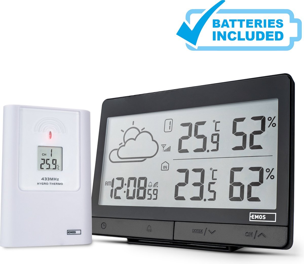 Emos Select EMOS Weerstation, Draadloos Weerstation op Batterijen, Binnen- en Buitenweersysteem met Grijsdisplay, Tijd & Datum, Temperatuur, Luchtvochtigheid, Comfort, Wekker en Alarmfunctie, 12-24 Uursvoorspelling, Weerstation met Buitensensor, Inc Batterijen