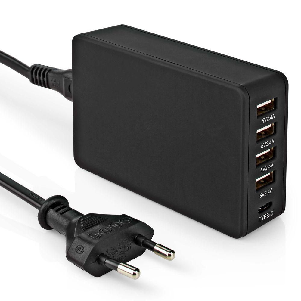 Allteq ALTQ-QCH-100 USB Charger - 4 USB A & 1 USB C - 39W - Black