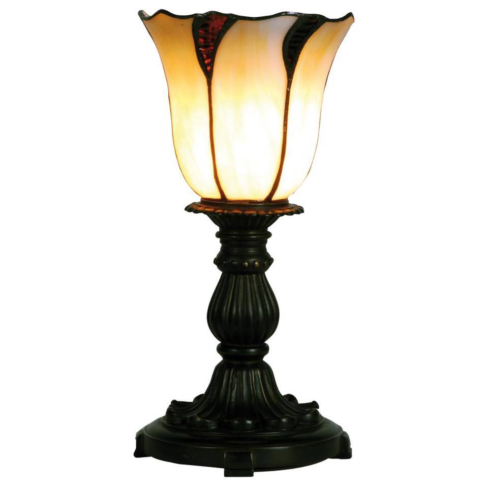 Clayre & Eef tafellampje met gebogen tiffany kapje 32 x ø 16 cm - bruin wit zwart - ijzer glas