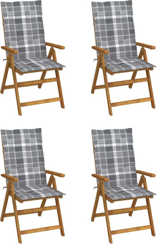 vidaXL Verstelbare klapstoelen set van 4 met kussens, massief acaciahout, grijs ruitpatroon