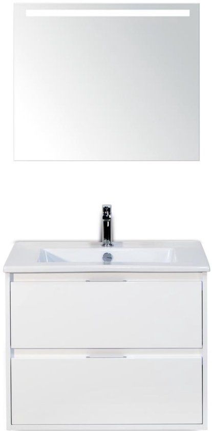 BES LED Porto Badmeubelset 70 cm - Wit Hoogglans - Keramische Wastafel Wit Slim met Sence Spiegel