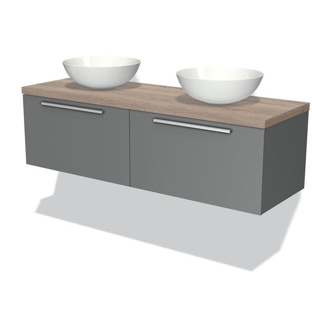 Maxaro Badkamermeubel Modulo Plato 140cm Middengrijs 2 Lades Vlak Eiken Blad