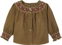 Vertbaudet Babyblouse van corduroy, lange mouw, ronde hals, 80% katoen, 20% gerecycled katoen, gebloemd, olijf, maat 98