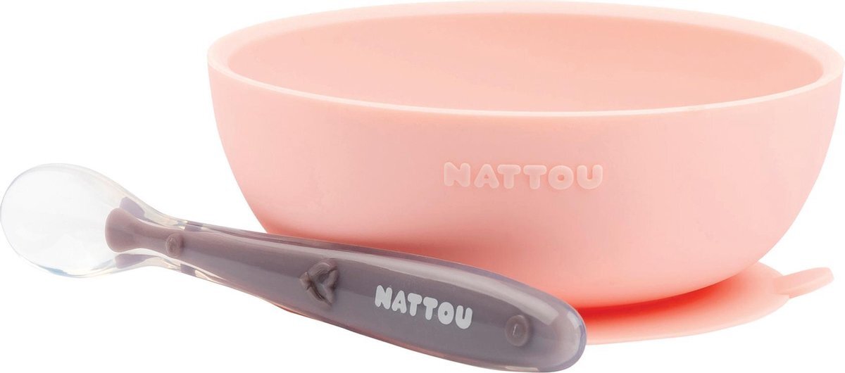 Nattou Siliconen servies voor kinderen, antislip schaal + lepel, BPA-vrij, siliconen, roze/paars roze, paars