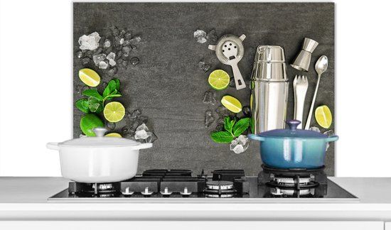 KitchenYeah Spatscherm keuken 80x55 cm - Cocktail shaker - IJsblokjes - Fruit - Aluminium