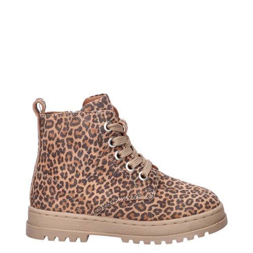 Nelson Kids nubuck veterboots met panterprint brons cognac/zwart