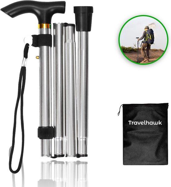 Travelhawk Wandelstok - Verstelbaar en Opvouwbaar - Zilver - Incl. Opbergtas