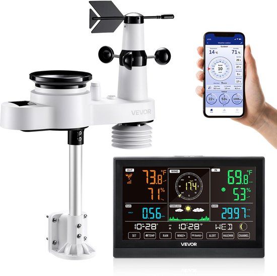 VEVOR 5-in-1 Wi-Fi Weerstation Draadloos - 7.5-inch HD-scherm - op Zonne-energie Werkende Buitensensor - voor Weersvoorspelling, Windsnelheid, Windrichting, Temperatuur, Vochtigheid en Neerslag
