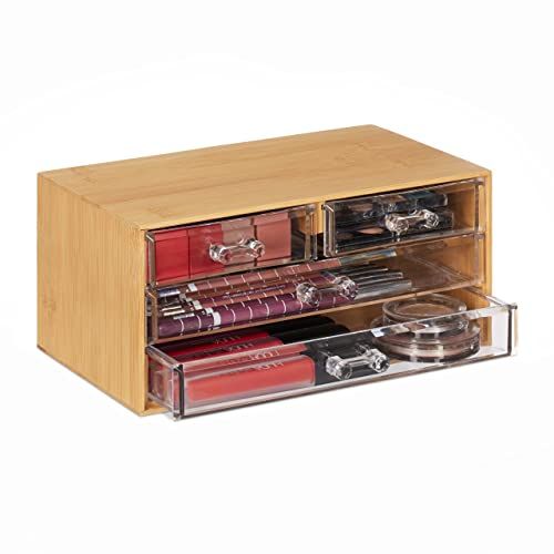 Relaxdays make-up organizer, bamboe, 4 lades, HxBxD: 11 x 23,5 x 15 cm, voor cosmetica & sieraden, naturel/transparant