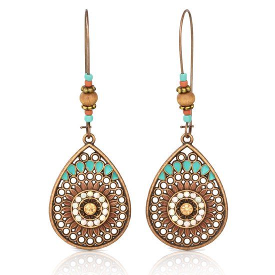 Deja Jewels Lookinggoodtoday Dames druppel oorbellen Ibiza brons multicolor turquoise stenen