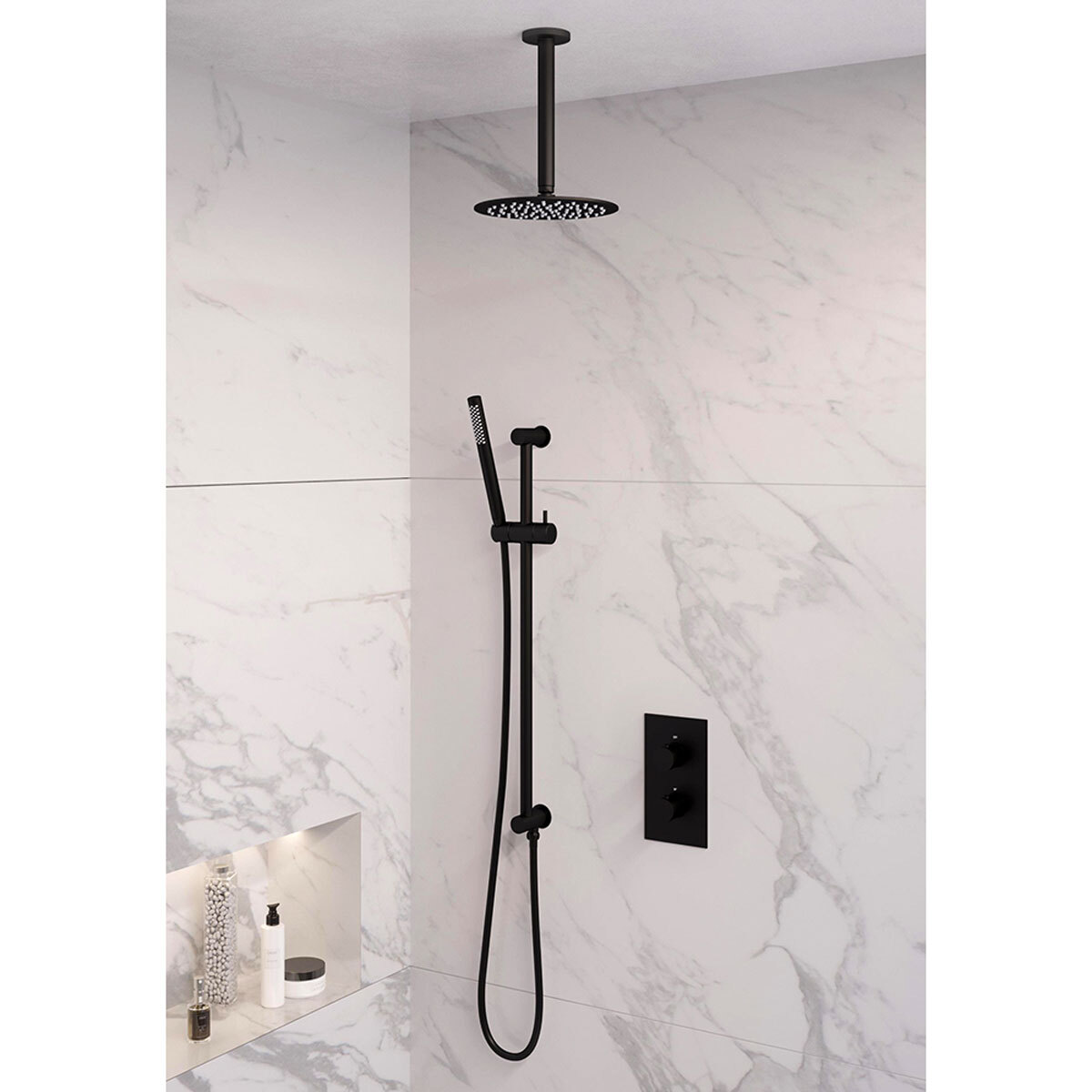 Brauer Regendoucheset 41 Inbouw Muur Black Edition 20cm Rond Mat Zwart 2 Greeps 3-weg met Thermostaatkraan Glijstang en Staafhanddouche