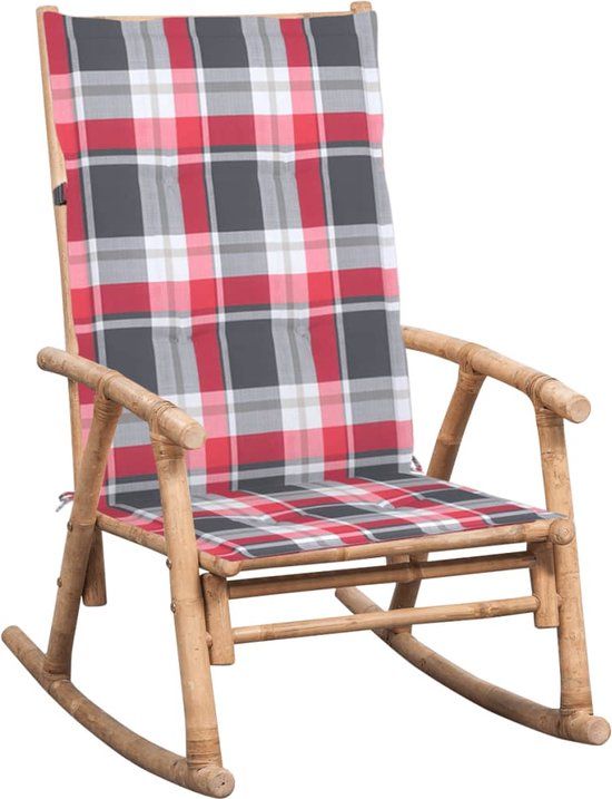 vidaXL Schommelstoel met kussen bamboe rood ruitpatroon
