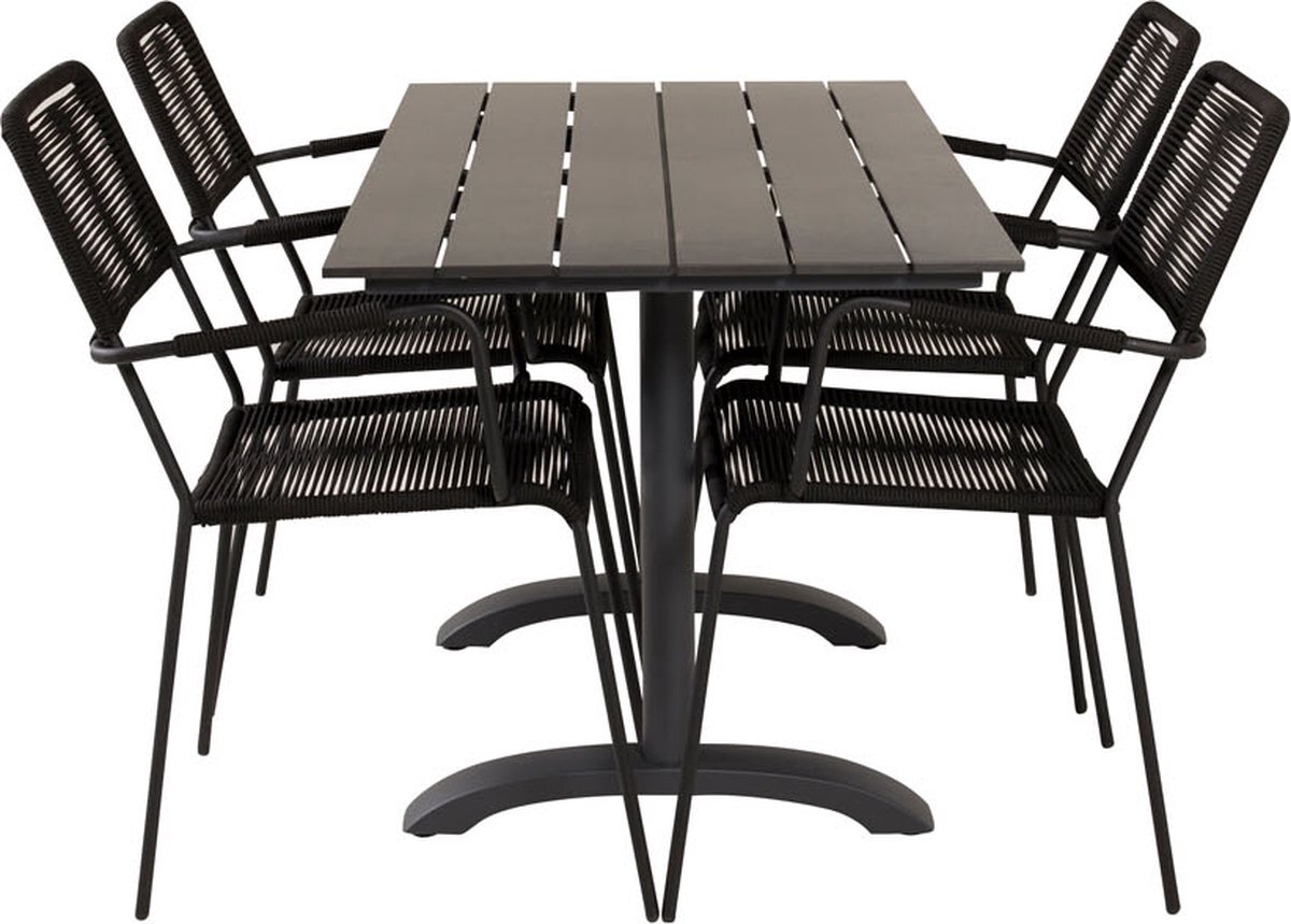 Hioshop Denver tuinmeubelset tafel 70x120cm en 4 stoel armleuningS Lindos zwart.