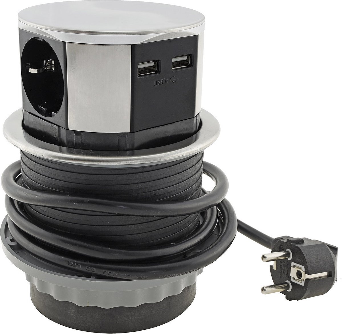 DESIGN LIGHT Verticale Stekkerdoos met USB - Pop up stekkerblok met 3 stopcontacten en 2 USB - Ø 100mm Inbouw Verdeelstekker met 1.4 meter kabel - Stekkerblok voor max. 3600 Watt