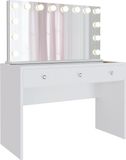 CLP Nettie kaptafel - met spiegel - Cosmetische tafel met LED-verlichting - met 3 laden - glazen blad en USB-poorten - wit