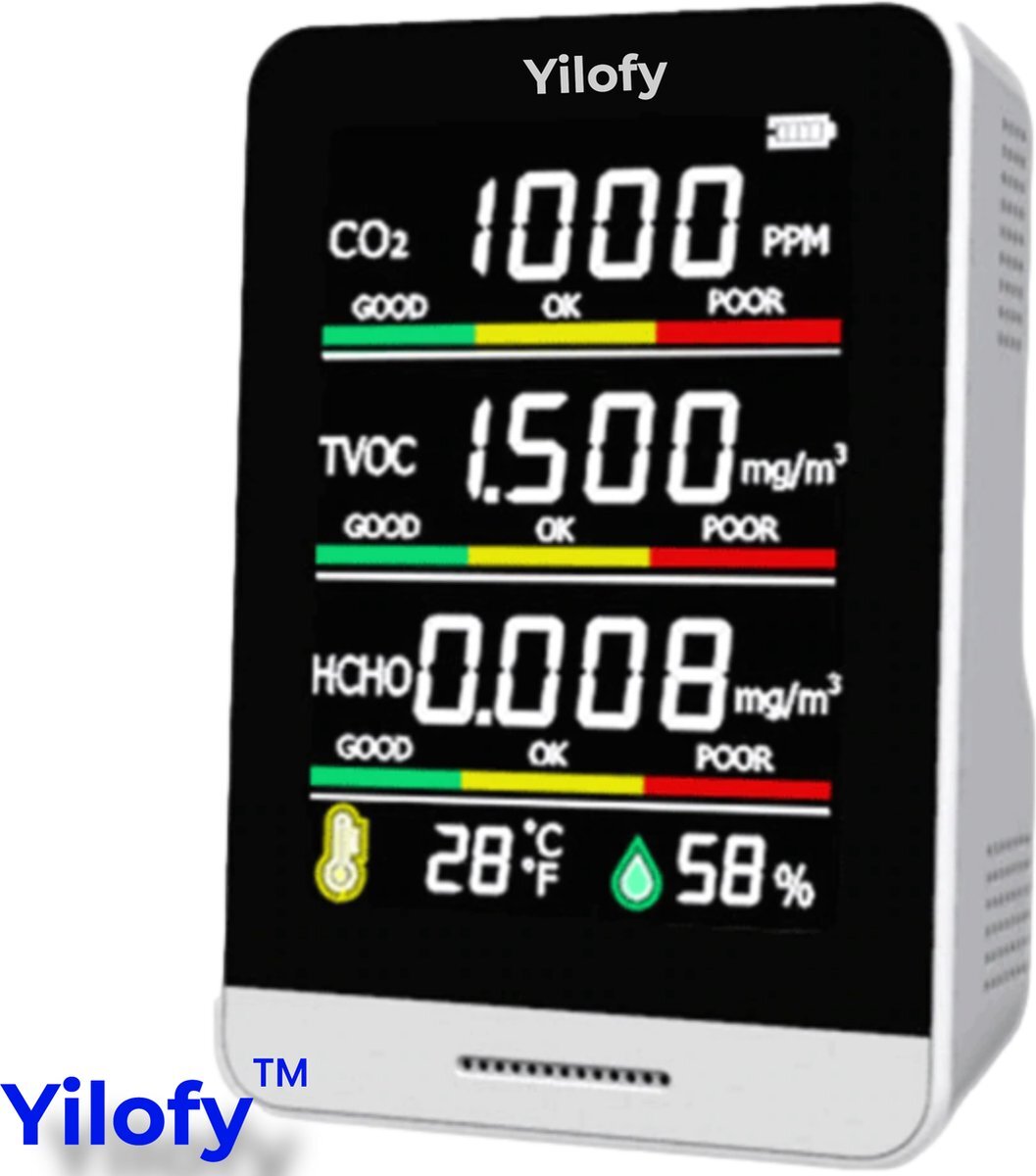 YILOFY Professionele NDIR 5 in 1 Luchtkwaliteitsmeter Hygrometer CO2 Meter Horeca Draagbaar LCD Scherm Monitor CO2 - Luchtvochtigheidsmeter Sensor - Melder - Temperatuur - Thermometer Binnen Buiten - Oplaadbaar + USB Kabel