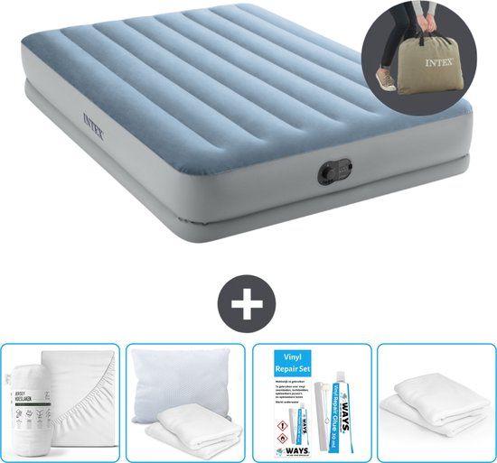 Intex Luchtbed - 2-Persoons - 152 x 203 x 36 cm - Blauw/Grijs - Inclusief pomp - Hoeslaken - Kussen - Reparatieset en Kussenbeschermer