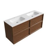 Saniclass Holz Frame Badkamermeubelset - 140x45x61.5cm - Flow solid surface wastafel wit - 2 wasbakken - 2 kraangaten - 4 lades - mat walnut pure (hout) SW1578618/SW1174117