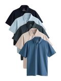 NEXT Lot de 5 polos en tricot Motionflex à manches courtes et coupe standard, Bleu marine/bleu clair/vert/pierre/bleu moyen, L