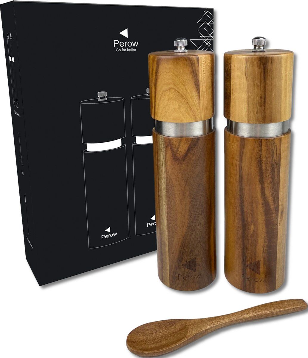 Perow Luxe Peper en Zoutmolen Set - RVS / Acacia Hout - Geschenkdoos