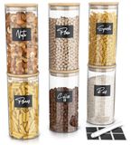 Arendo Pots de stockage, Set de 6, 1,5 Litre, Verre borosilicaté, Couvercle en bambou, Hermétique, -40 à +400 °C, Autocollants et stylo inclus
