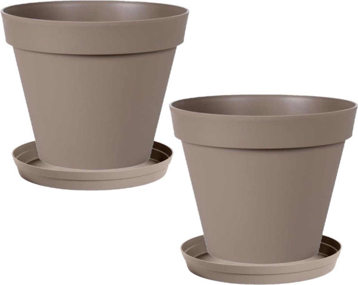 EDA Toscane Bloempotten Set - 2x D30cm Taupe Kunststof met Onderschaal