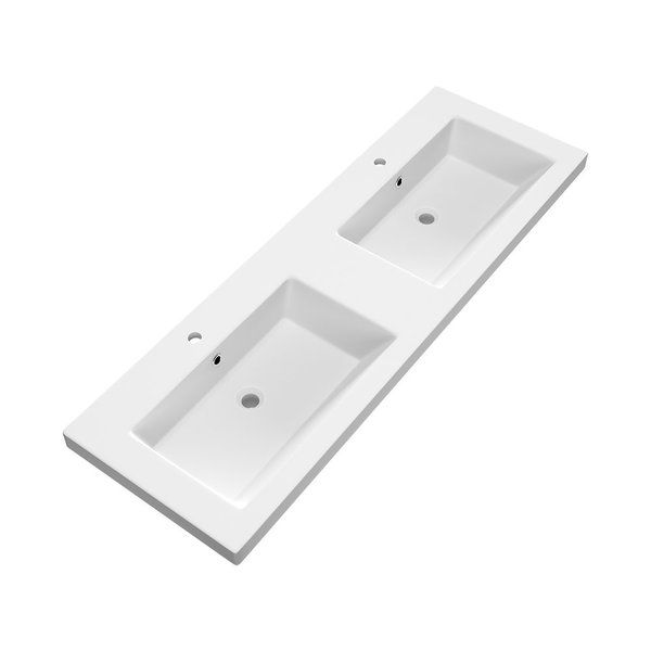 Saniclass Foggia meubelwastafel 140x5x46cm 2 kraangaten met overloop en dubbele wasbak mineraalmarmer mat wit WT-FOM1402