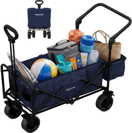 LifeGoods Bolderkar Opvouwbaar - 90L - 120KG Draagkracht - Draaibare Wielen met Rem - 120x61x80CM - Inklapbare Bolderwagen - Wasbaar Polyester - Blauw